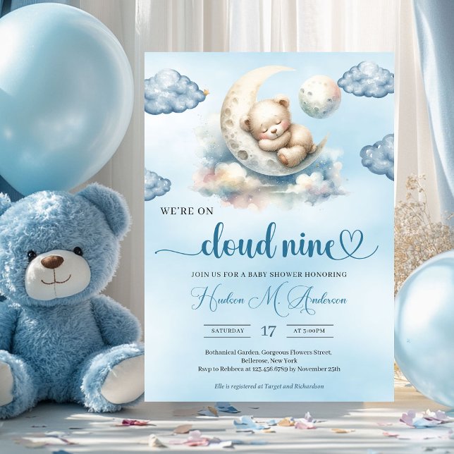 Aquarellblau-Teddybär-Wolke neun laden ein Einladung (cloud nine cute sleeping teddy bear boy baby shower invitation)