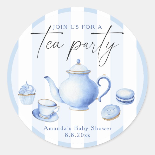 Aquarellblau Tee Party Babydusche Runder Aufkleber (Vorderseite)