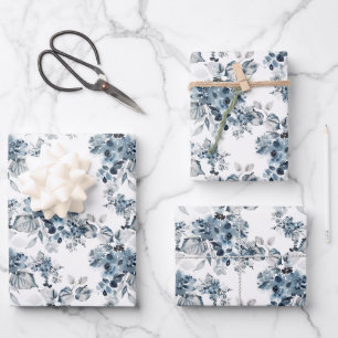 Aquarellblau und blau florales Muster Urlaub Geschenkpapier Set