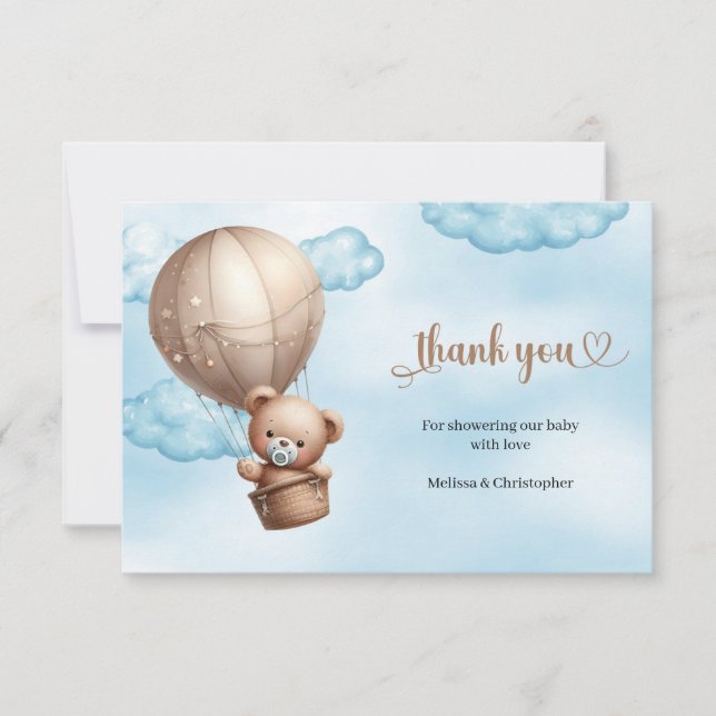 Aquarellblau und braun Teddyballon Dankeskarte (Vorderseite)