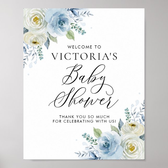 Aquarellblau und Elfenbeinblauer Rose Kinderdusche Poster (Vorne)
