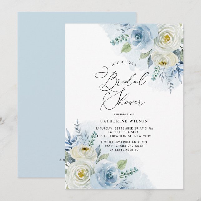 Aquarellblau und Elfenbeinfarben Rose Brautparty Einladung (Vorne/Hinten)