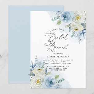 Aquarellblau und Elfenbeinfarben Rose Bridal Brunc Einladung