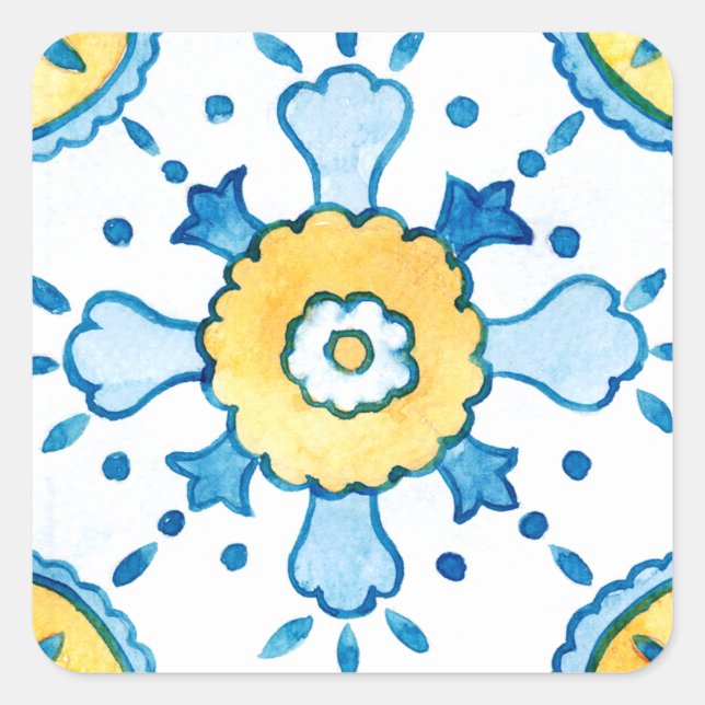 Aquarellblau und gelb marokkanisches Fliesenmuster Quadratischer Aufkleber (Vorderseite)