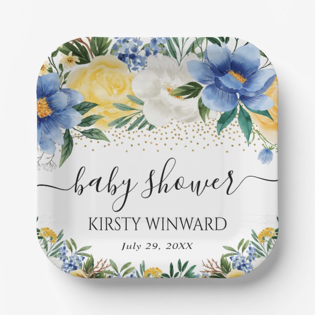 Aquarellblau und gelbe Blumen Babydusche Pappteller (Vorderseite)