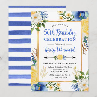 Aquarellblau und gelbe Blumen Geburtstag Einladung