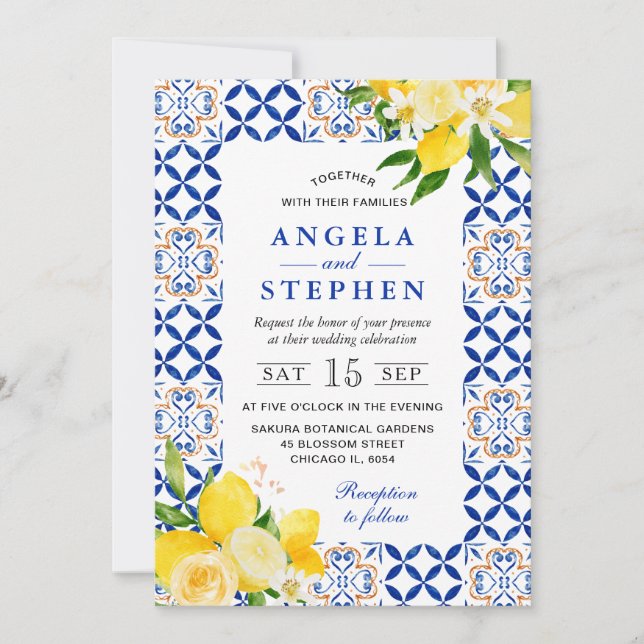 Aquarellblau und gelbe Lemonen Rahmen Hochzeit Einladung (Vorderseite)