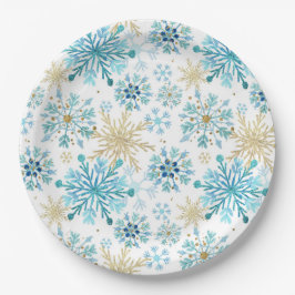 Aquarellblau und Gold Glitzer Winterschneeflocken Pappteller