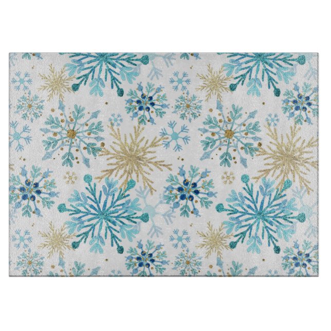 Aquarellblau und Gold Glitzer Winterschneeflocken Schneidebrett (Vorderseite)
