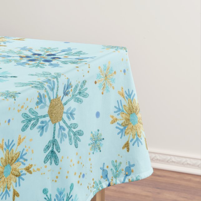 Aquarellblau und Gold Glitzer Winterschneeflocken Tischdecke (Beispiel)