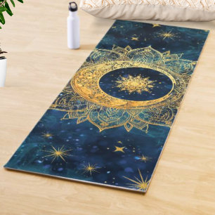 Aquarellblau und Gold Mandala Sonnennebel Galaxie Yogamatte