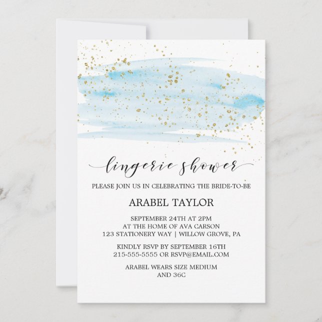 Aquarellblau und Gold Sparkle Fingerie Dusche Einladung (Vorderseite)