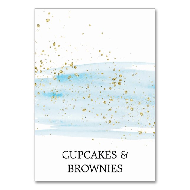 Aquarellblau und Gold Sparkle Food Zelt Cards Tischnummer (Vorderseite)