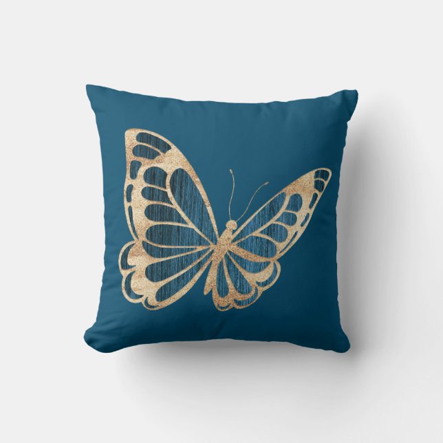 Aquarellblau und Goldbutterling Kissen (Vorderseite)