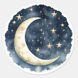 Aquarellblau und Golden Moon Babydusche Runder Aufkleber