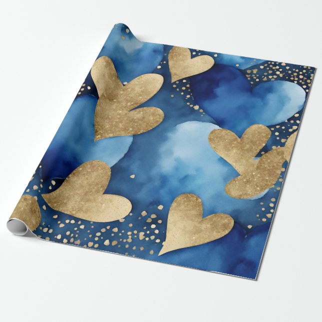 Aquarellblau und goldene Farbtöne - Herz Geschenkpapier (Ungerollt)