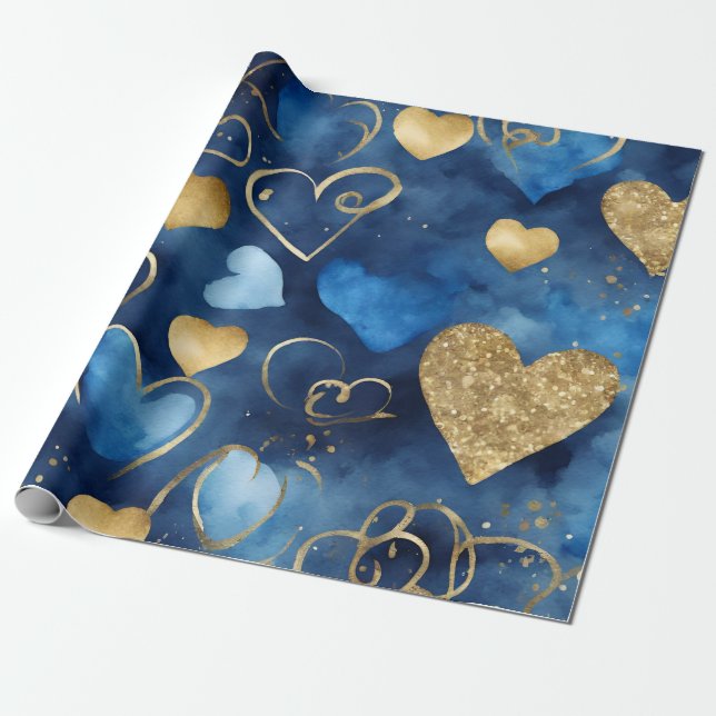 Aquarellblau und goldene Farbtöne - Herz Geschenkpapier (Ungerollt)