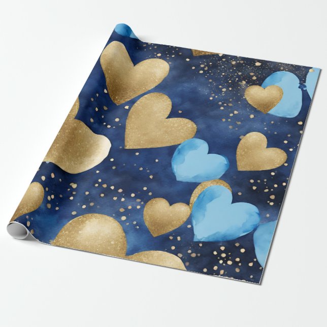 Aquarellblau und goldene Farbtöne - Herz Geschenkpapier (Ungerollt)