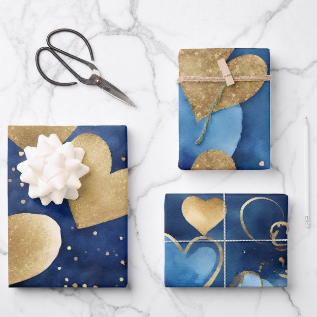 Aquarellblau und goldene Farbtöne - Herz Geschenkpapier Set (Vorderseite)