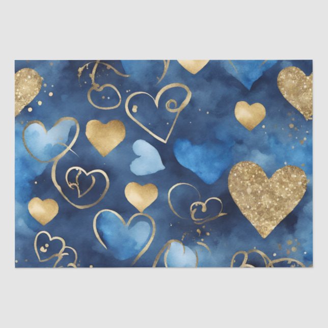 Aquarellblau und goldene Farbtöne - Herz Seidenpapier (Vorderseite)