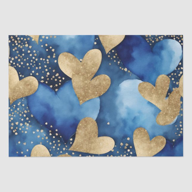 Aquarellblau und goldene Farbtöne - Herz Seidenpapier (Vorderseite)