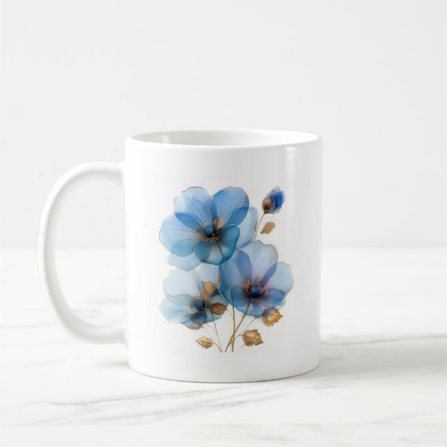 Aquarellblau und goldfarbene Blume Kaffeetasse (Links)