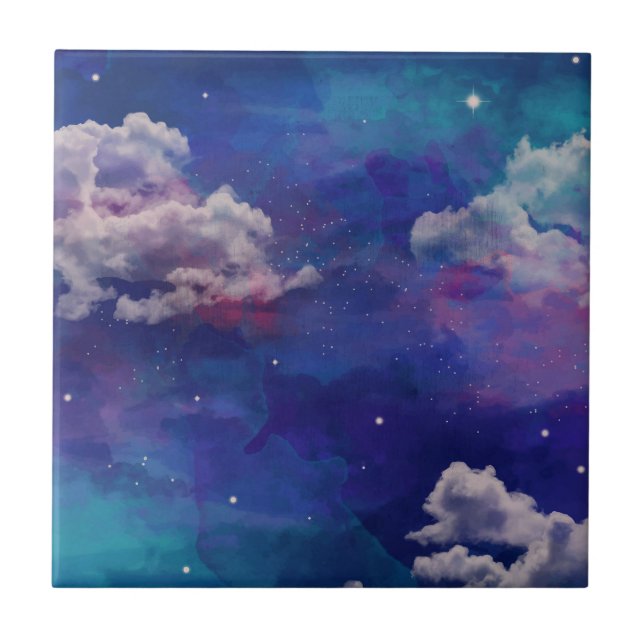 Aquarellblau und Lila Sternenhimmel Fliese (Vorderseite)