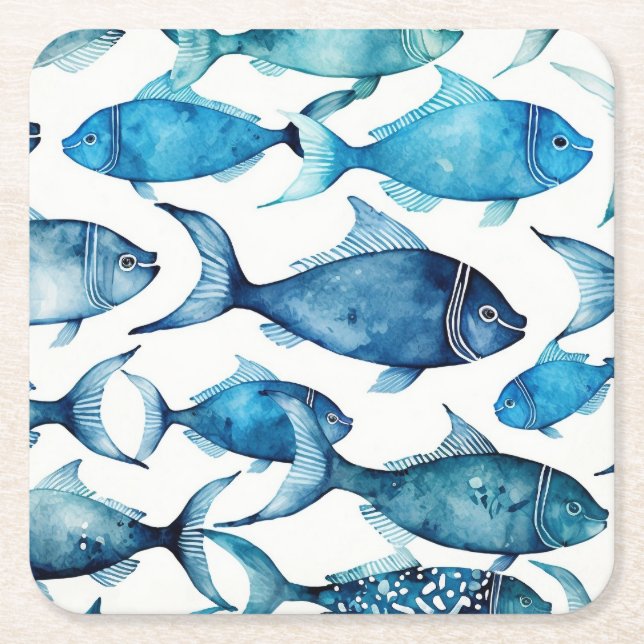 Aquarellblau und Navy Fisch | Drink am Meer Rechteckiger Pappuntersetzer (Vorderseite)