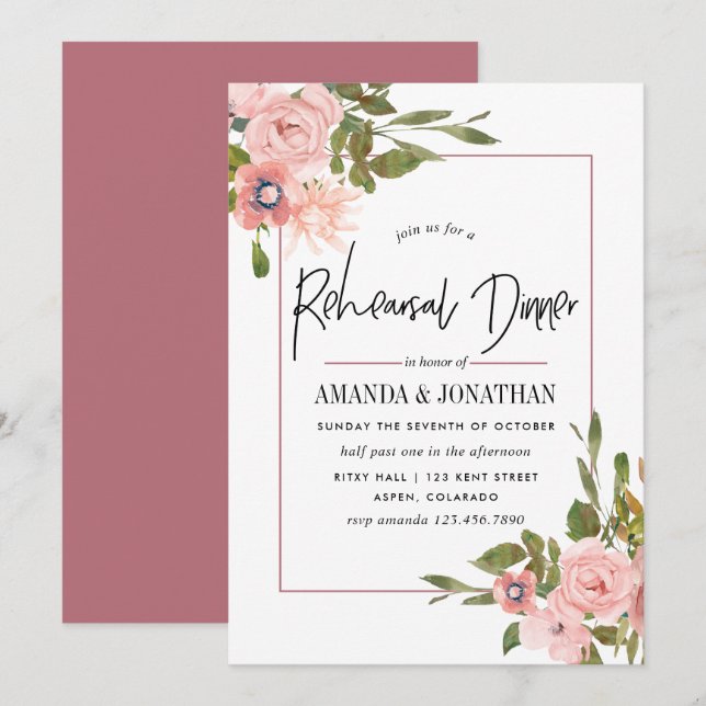 Aquarellblau und Rose Goldene Probe Abendessen Einladung (Vorne/Hinten)