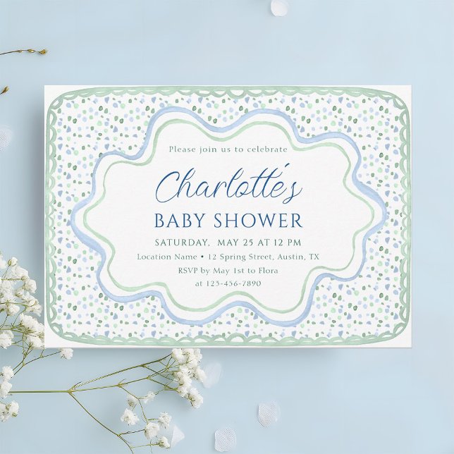 Aquarellblau und Sage Green Boy Baby Dusche Einladung (Von Creator hochgeladen)