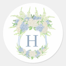 Aquarellblau und Weiß Hydrangea Wappen Runder Aufkleber