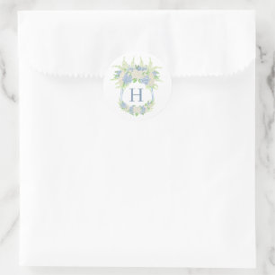 Aquarellblau und Weiß Hydrangea Wappen Runder Aufkleber