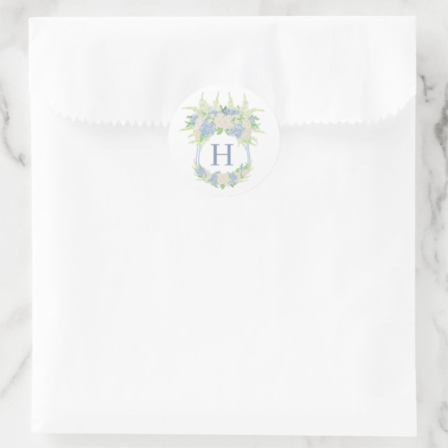 Aquarellblau und Weiß Hydrangea Wappen Runder Aufkleber (Tasche)
