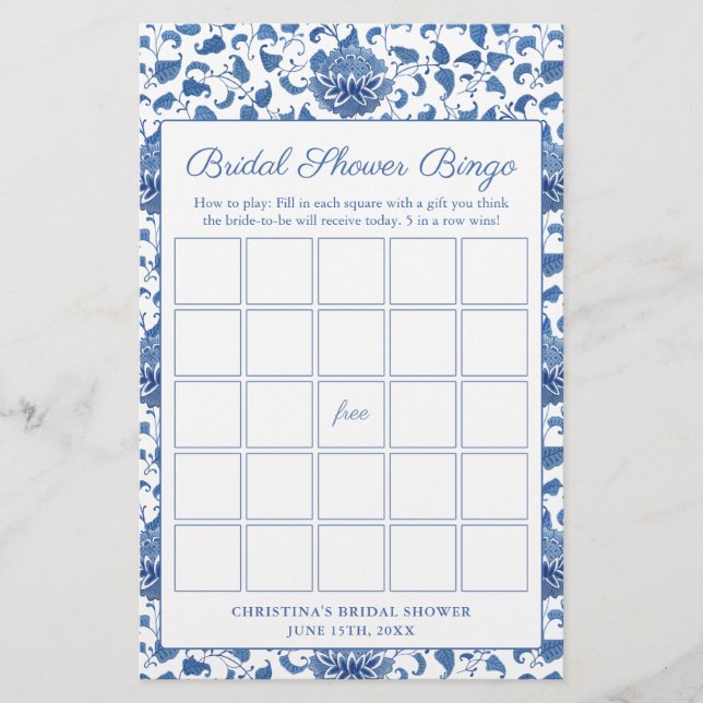 Aquarellblau und weißes Brautparty Bingo Game (Vorderseite)