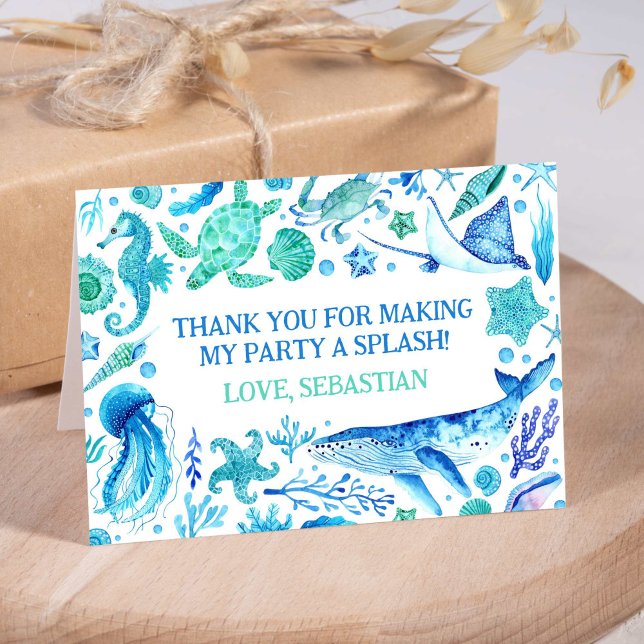 Aquarellblau unter dem Party Dankeskarte (Watercolor Whale Blue Under the Sea Party Thank You Card)