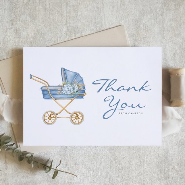 Aquarellblau Vintag Stroller Babydusche Dankeskarte (Watercolor Blue Vintage Stroller and Flowers Baby Shower Thank You Card)