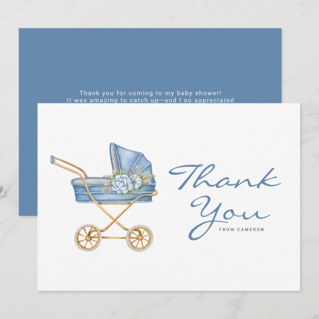 Aquarellblau Vintag Stroller Babydusche Dankeskarte (Vorne/Hinten)