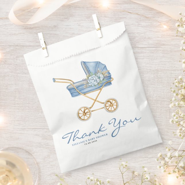 Aquarellblau Vintag Stroller Babydusche Geschenktütchen (Ausgeschnitten)