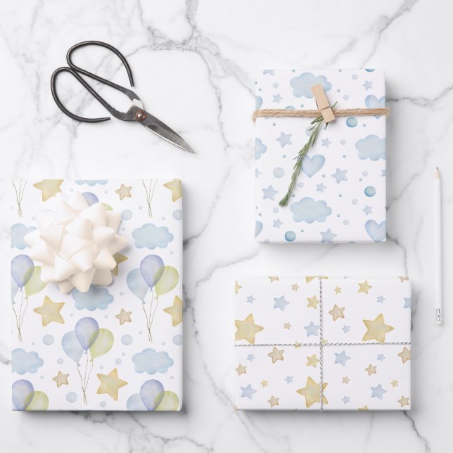 Aquarellblau Wolken Sterne und Balloons Geschenkpapier Set (Vorderseite)