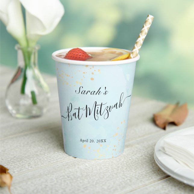 Aquarellblau x Gold Bat Mitzvah Papier Cups Pappbecher (In Situ)