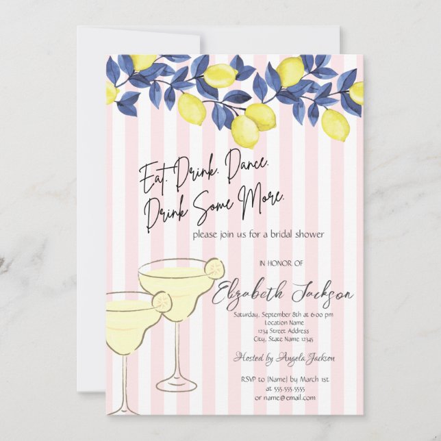 Aquarellblau Zitronen Martini Rosa Streifen Einladung (Vorderseite)