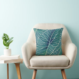 Aquarellblaue Aquamarine tropische Blätter Kissen