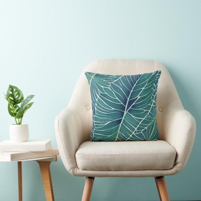 Aquarellblaue Aquamarine tropische Blätter Kissen (Stuhl )