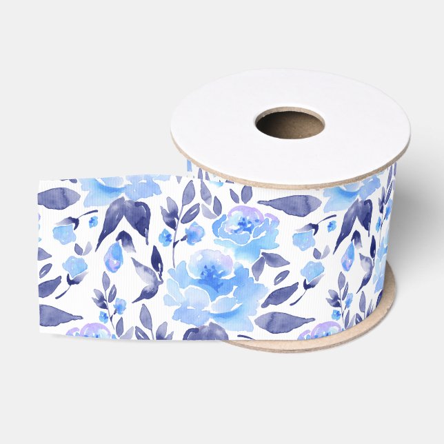Aquarellblaue Blumen 2 Ripsband (Spule)