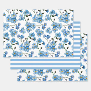 Aquarellblaue Blumen. Blumengurt Geschenkpapier Set