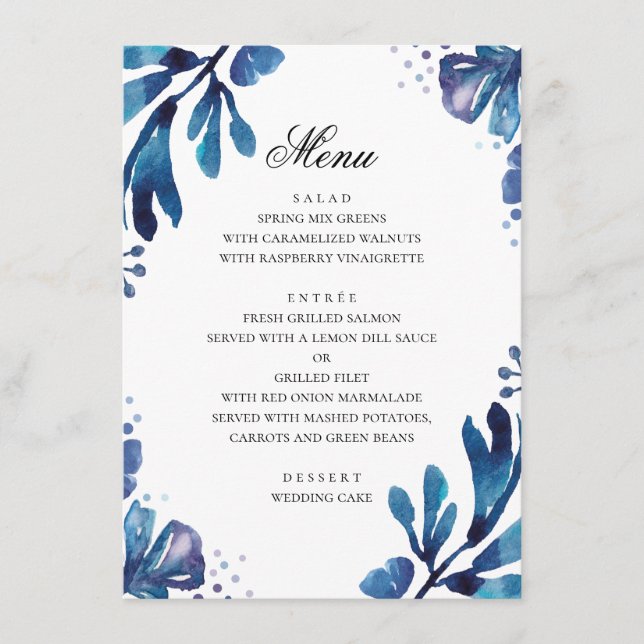 Aquarellblaue Blumen. Botanische Hochzeit der Mari Menükarte (Vorderseite)