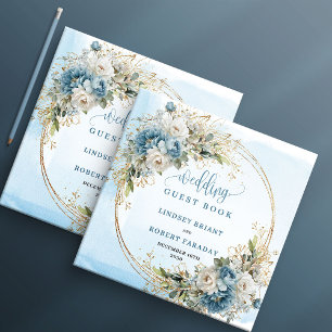 Aquarellblaue Blumen Eukalyptus Gold Gästebuch