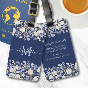 Aquarellblaue Blumen Florales Elegantes Monogramm Gepäckanhänger