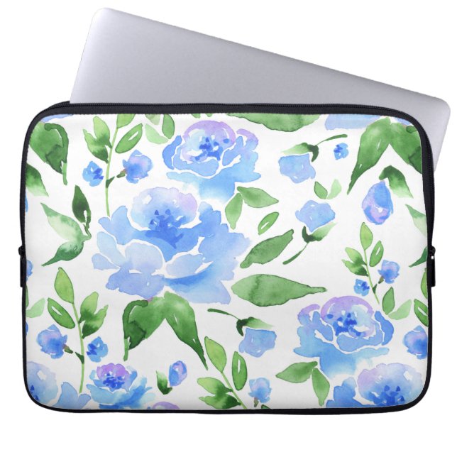 Aquarellblaue Blumen Laptopschutzhülle (Vorderseite)