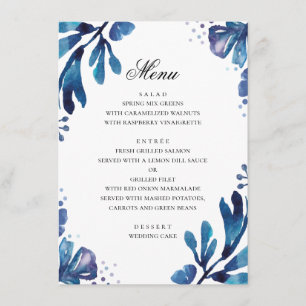 Aquarellblaue Blumen. Marinebotanische Hochzeit Menükarte
